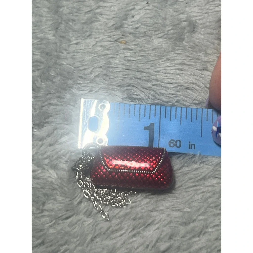 Vintage Sterling Silver‎ Red Enamel Purse Brooch Pin Dangle Chain 1.5in